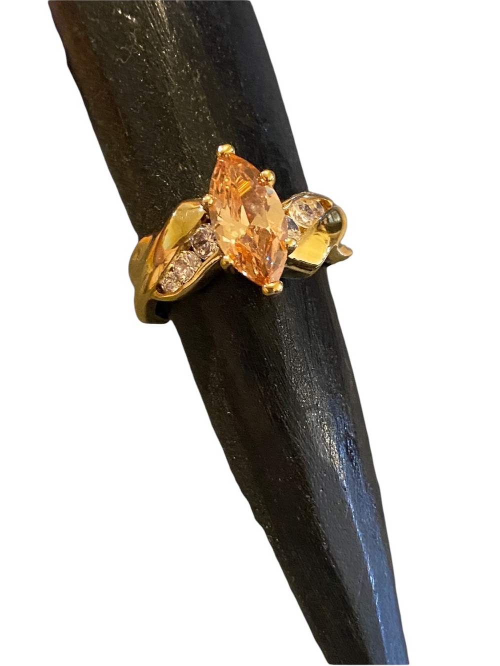 14 KT Gold Plated Ring With Marquise Cut Citrine & 6 Round Cubic Zirconia - Sz 8